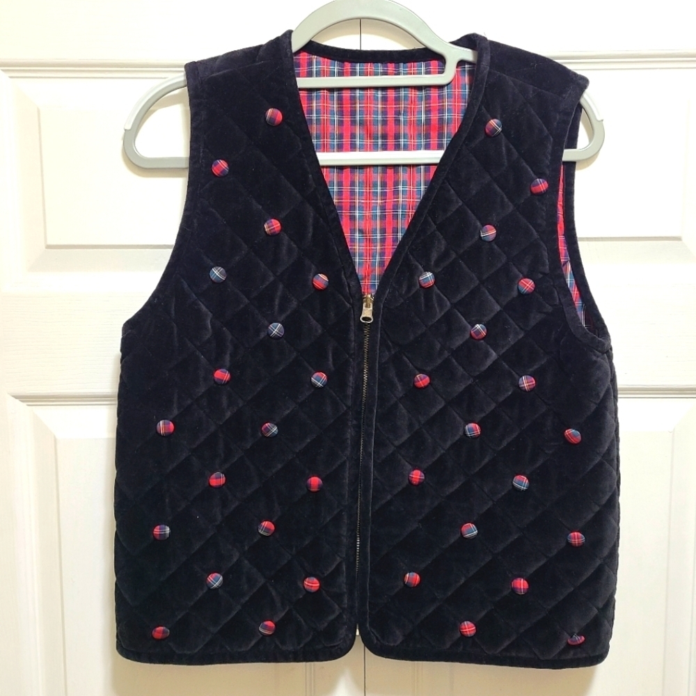 Black VELVET Vest Quilted‎ Plaid interior Plaid buttoned front size M